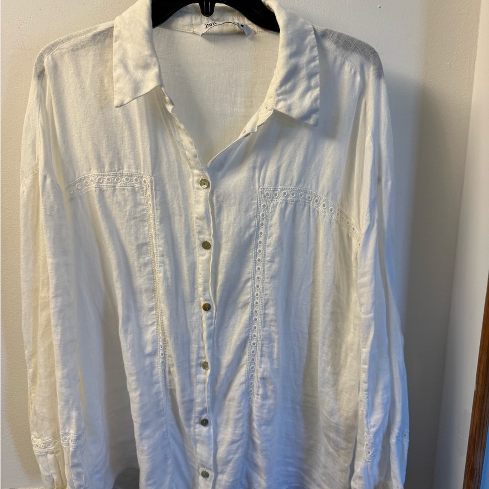 Zara White Button-Down Shirt with Eyelet Detail